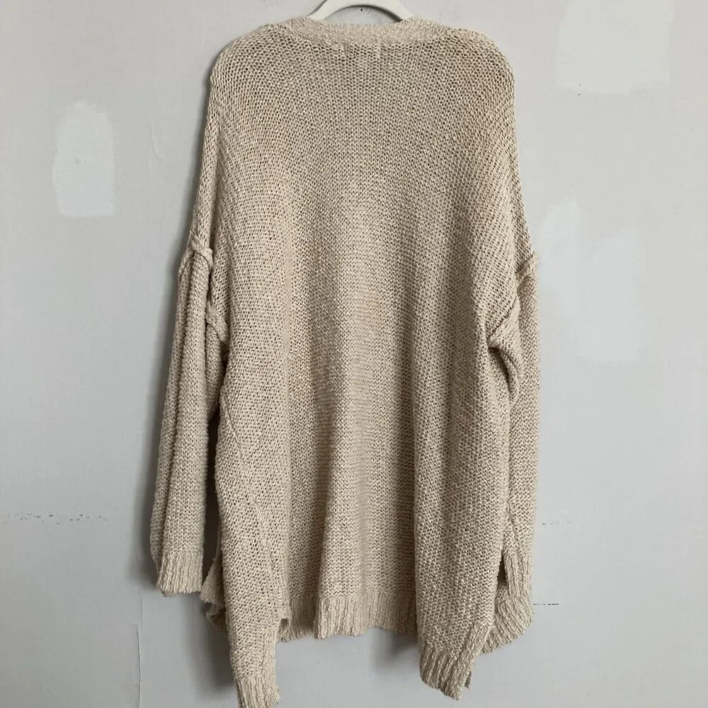 Aerie Open Knit Cardigan XL Cotton Blend Beige Boho Hippie Beach - Picture 7 of 9